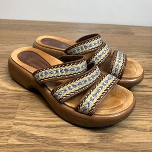 DANSKO Slide Sandals Womens Sz 8 /38 Brown Leather Blue Embossed Straps